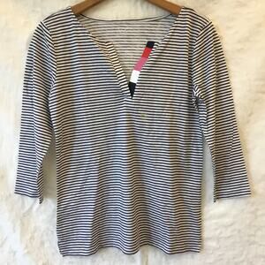 LOFT Blue Striped Floral Split Neck Tee